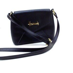 Harrod's Black Saffiano Leather Crossbody with Gold Signature Monogram on front.
